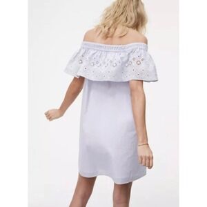 LOFT Blue White Stripe Eyelet Ruffle Off the Shoulder Mini Dress Cotton - Size M